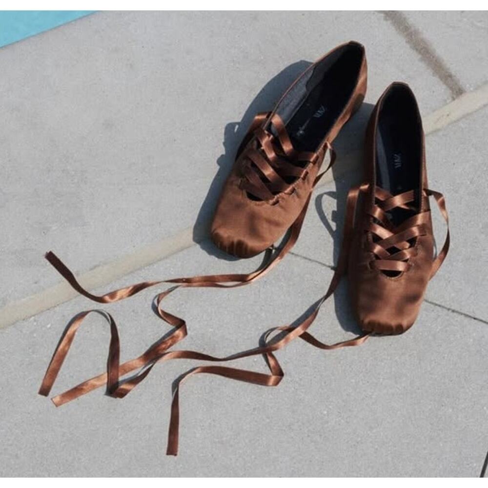 Zara NWT Ochre Brown Lace Up Satin Ballet Flats 7.5 - Picture 10 of 16